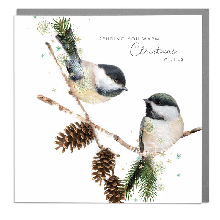 Two Chickadees - Warm Christmas Wishes Card by Lola Design