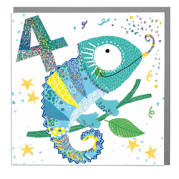 Chameleon Age 4 Birthday Card - Lola Design Ltd